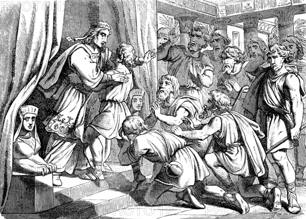 Joseph reveals himself to his brothers and lets his father come to Egypt, First Book of Genesis, chapter 45, sell, grieve, angry, brothers, goodbye, pharaoh, God, kneel down, group, Old Testament, Bible, historical illustration 1877