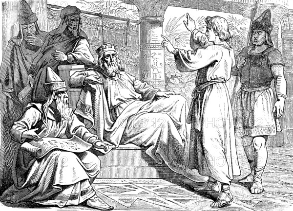 Joseph interprets the pharaoh's dreams, first book of Genesis, chapter 41, Nile, fat cows, grazing, seven ugly and skinny cows, eating, seven full ears of corn, throne, priest, watchmen, pillars, Old Testament, Bible, historical illustration 1877