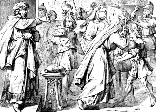 Martyrdom of the mother and her seven sons, orders of the angry king, Second Book of Maccabees, chapter 7, seven brothers, death, martyr, captive, king, pork, eating, prohibition, tongue, cutting off, hands and feet, mutilation, torture, cruelty, resurrecting, eternal life, crowd, table, Old Testament, Bible, historical illustration 1877