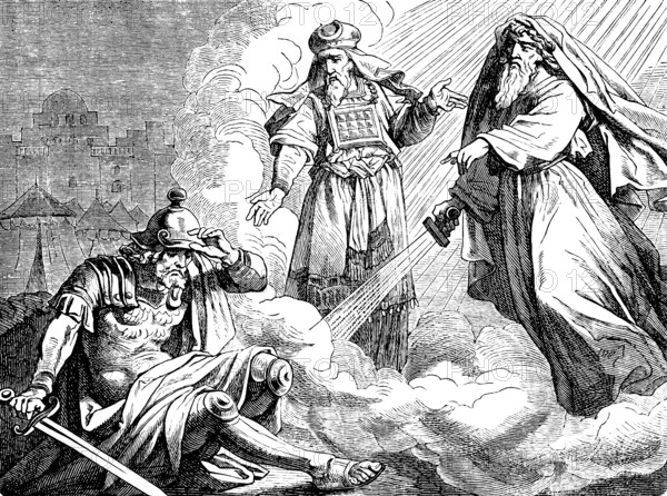 The face of Judas Maccabee, Second Book of Maccabees, chapter 15, High Priest Onias, gift of God, Prophet Jeremiah, golden sword, beating enemies, cloud, tents, holy, Old Testament, Bible, historical illustration 1877