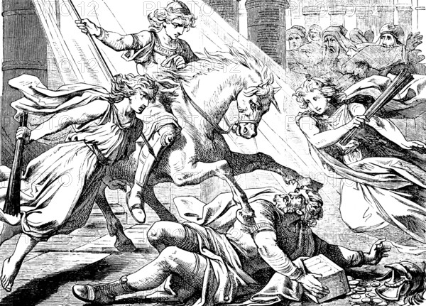 Heliodorus wants to plunder the temple treasure, Second Book of Maccabees, chapter 3, Heliodorus, temple, treasure, steal, gold, silver, box, fall, plan, fear, horse, rider, knock over, golden armour, powerlessness, battle, horror, Old Testament, Bible, historical illustration 1877