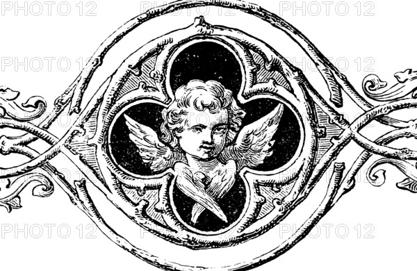 Symbolic picture for the chapter The Prayer of Manasseh King Jude, Old Testament, Angel, Face, Wings, Doves, Circles, Ornamentation, Bible, Historical Illustration 1877
