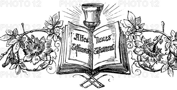 Symbolic picture with inscription to the chapter The Prayer of Manasseh King Jude, Old and New Testament, floral decoration, shiny chalice, Bible, historical illustration 1877
