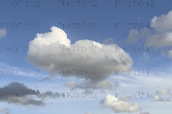 White Cumulus mediocris cloud against blue sky, lower left gray Cumulus fractus, international