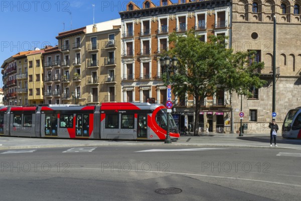 Light rail tram city public transport system CAF Urbos 3 trams, Tranvía de Zaragoza, Zaragoza, Aragon Spain