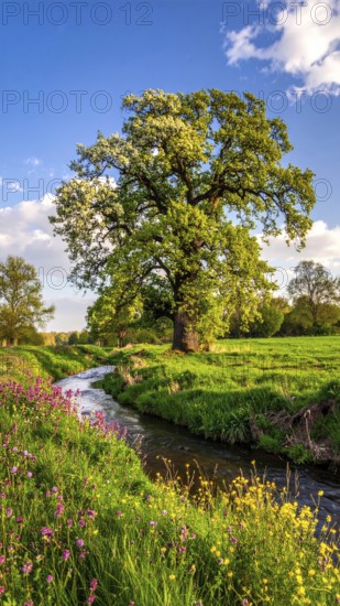 A serene landscape featuring a large tree by a stream at sunset with vibrant green grass and blooming flowers, spring landscape, the oak branch of nature, clear blue sky, idyllic atmosphere with green grass meadow, hills in the calm nature, AI generated