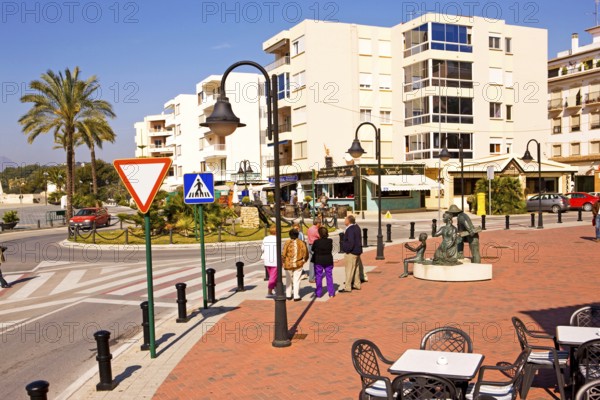 Pedestrian area at the harbor, tables and chairs of a cafe, Moraira, former fishing village, pearl of the Costa Blanca, Valencia, Costa Blanca, Spain