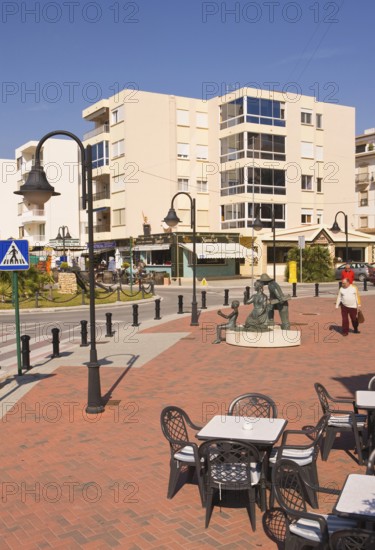 Pedestrian area at the harbor, tables and chairs of a cafe, Moraira, former fishing village, pearl of the Costa Blanca, Valencia, Costa Blanca, Spain