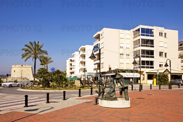 Pedestrian zone at the harbor, sculpture, Moraira, former fishing village, pearl of the Costa Blanca, Valencia, Costa Blanca, Spain