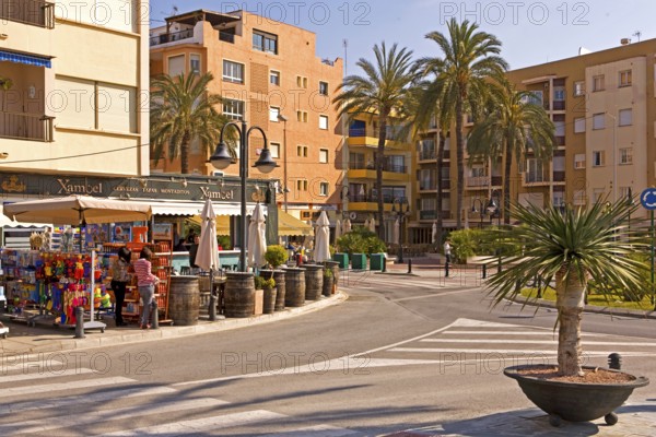 Pedestrian zone at the harbor, palm trees, Moraira, former fishing village, pearl of the Costa Blanca, Valencia, Costa Blanca, Spain