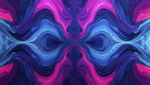 Symmetric Abstract Bright Liquid Ornament Background, futuristic wallpaper template illustration, vibrant blue and green neon hues, AI generated