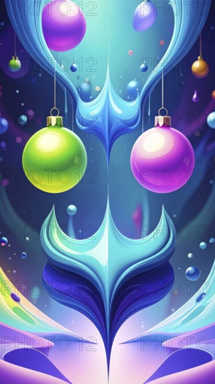 Symmetric Abstract Bright Liquid Ornament Background, futuristic wallpaper template illustration, vibrant blue and green neon hues, AI generated