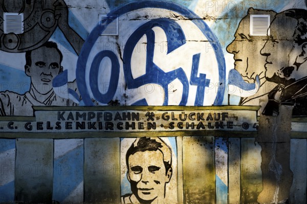 Painted wall on the Glückauf battle track with motifs of FC Schlake 04, Schalke, district of Gelsenkirchen, Ruhr area, North Rhine-Westphalia, Germany