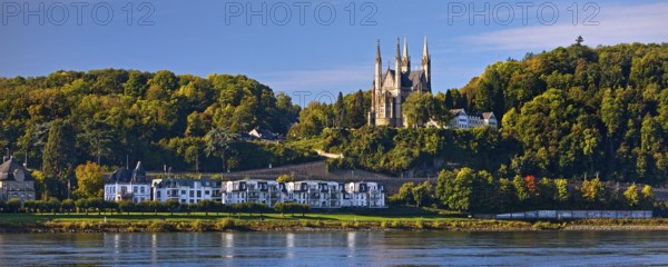 Pilgrimage Church of St. Apollinaris, also Apollinaris Church on the Apollinarisberg in Remagen with the river Rhine, Rhineland-Palatinate, Germany