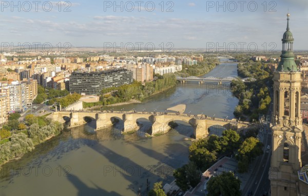 View looking down of historic Stone Bridge, Puente de Piedra, spanning the River Ebro, Zaragoza, Aragon, Spain