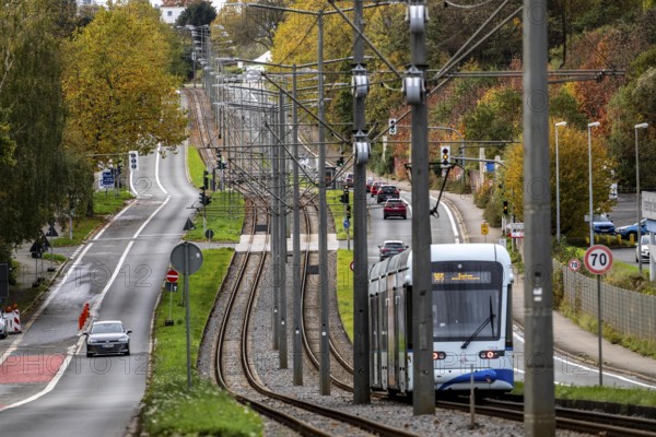 Bogestra tramway, line 305, on the Wattenscheider Hellweg, tram line in the middle of the street, North Rhine-Westphalia, Germany