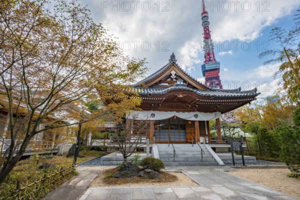 Building in Zojo-ji Temple, Tokyo Tower Tower Tower at the back, Buddhist temple complex, Tokyo, Japan