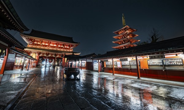 Illuminated five-story pagoda and Hozomon treasure chamber gate of Asakusa Shrine or Senso-ji Temple, at night, Buddhist temple complex, Asakusa, Tokyo, Japan