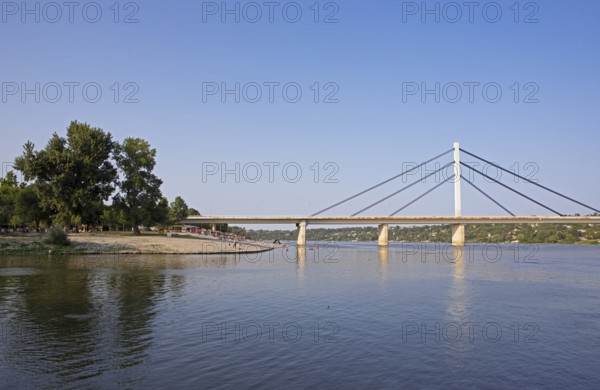 City beach on the Danube and Freedom Bridge, Novi Sad, Vojvodina Province, Serbia