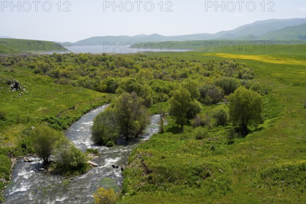 A river flows through a landscape of green trees and hills, Vorotan River, Vorotan, in the background the Spandaryan Reservoir, Spandarian, Syunik Province, Armenia