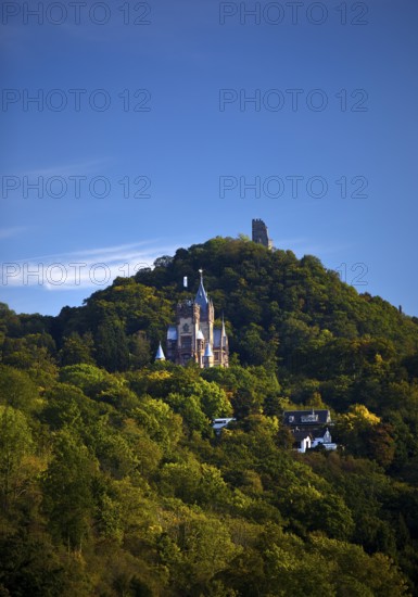The mountain Drachenfels with Drachenburg Castle and the castle ruins, Siebengebirge, Königswinter, North Rhine-Westphalia, Germany
