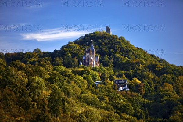 The mountain Drachenfels with Drachenburg Castle and the castle ruins, Siebengebirge, Königswinter, North Rhine-Westphalia, Germany