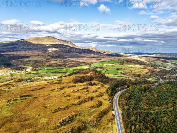 Snowdonia National Park over Road A470 from a drone, Crimea Pass, Blaenau Dolwyddelan, Wales, England, United Kingdom