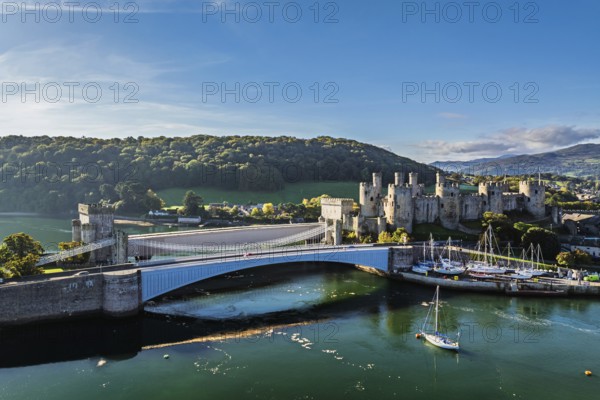 Conwy Castle over River Convy from a drone, Convy, North Wales, England, United Kingdom