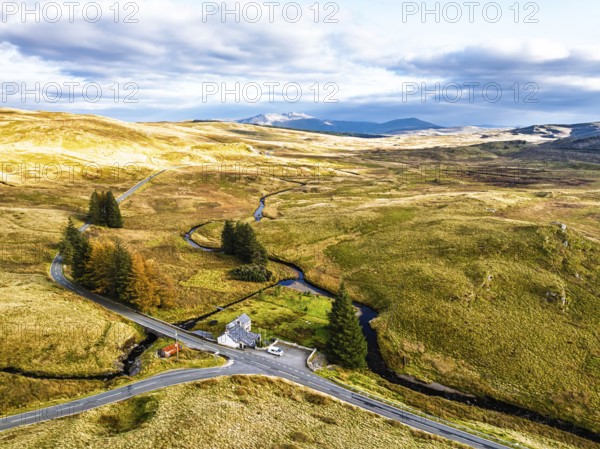 Cwm Cynfal Waterfalls on River Afon Cynfal from a drone, Llan Ffestiniog, Road B4391, Gwynedd, Snowdonia, Eryri, Wales, England, United Kingdom