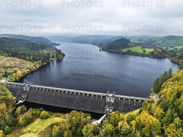Llyn Brianne Dam and Reservoir from a drone, Lake Vyrnwy, Powys, Wales, England, United Kingdom