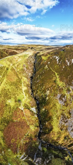 Cwm Cynfal Waterfalls on River Afon Cynfal from a drone, Llan Ffestiniog, Road B4391, Gwynedd, Snowdonia, Eryri, Wales, England, United Kingdom