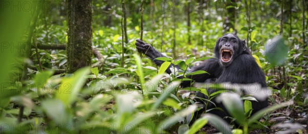 Aggression, chimpanzee (Pan Troglodytes) baring teeth, adult male between leaves in jungle, Kibale National Park, Uganda