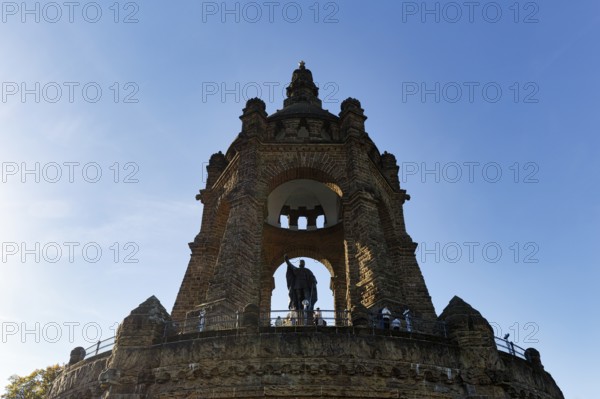Kaiser Wilhelm Memorial, national monument with dome, landmark, sunny autumn weather, backlight, Porta Westfalica, Ostwestfalen-Lippe, East Westphalia, North Rhine-Westphalia, Germany