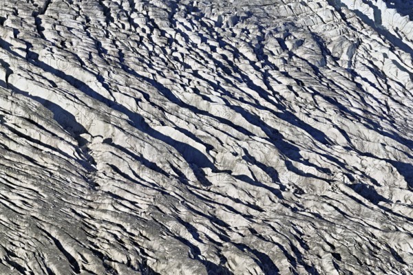 View from the Télécabine Panorama Railway of the glacial crevices of the Glacier du Géant, Chamonix-Mont-Blanc, Haute-Savoie, France
