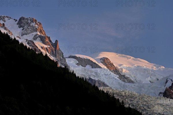 Snow-covered Mont-Blanc in the light of the setting sun, Chamonix-Mont-Blanc, Haute-Savoie, France