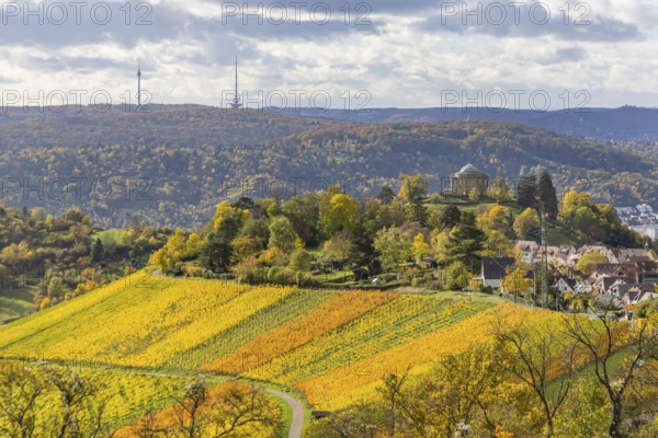 View of the vineyards and the grave chapel in Württemberg from the Egelseer Heide. Autumn-colored landscape in autumn. Stuttgart, Baden-Württemberg, Germany