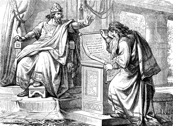 Shaphan the Scribe reads out the found legal role to the pious King Josiah (639-609 BC), Second Book of Chronicles, Chapter 34, Throne, Hall, Pillars, Curtain, Scroll, Laws, Tear, Clothes, Israel, Grimm, Rage, Word, Old Testament, Bible, historical illustration 1877