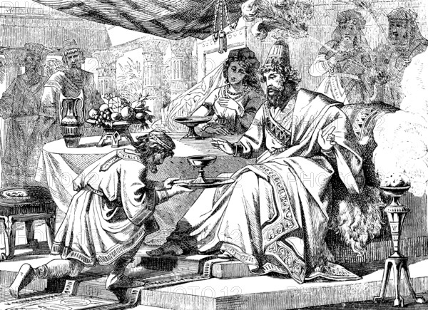 The cupbearer Nehemiah complains to the great king of his hometown Jerusalem, The Book of Nehemiah, chapter 2, queen, servant, sofa, round table, wealth, royal court, kneeling down, fans, pillars, fruit, bowl, incense, stand, hardship, Old Testament, Bible, historical illustration 1877