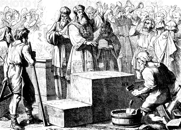 Laying the foundation stone of the temple, house of God in Jerusalem, The Book of Ezra, chapter 5, King Darius, peace, Jewish land, God, building, stones, beams, command, order, servants of God, heaven, earth, reconstruction, foundation, Babel, craftsmen, masons, carpenters, music, trumpets, crowd, Old Testament, Bible, historical illustration 1877