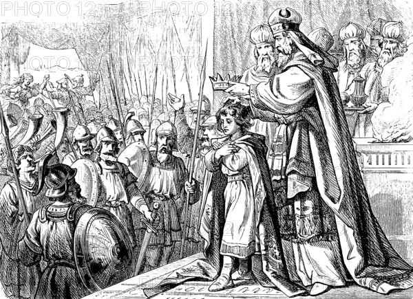Joash (878-838 BC) is anointed and crowned king by the priest Jehoiada at the age of 7, Second Book of Chronicles, chapter 24, meeting, collecting money, coronation, boy, celebration, anointing, insignia, fighter, weapons, lances, shields, sword, music, trumpets, Old Testament, Bible, historical illustration 1877