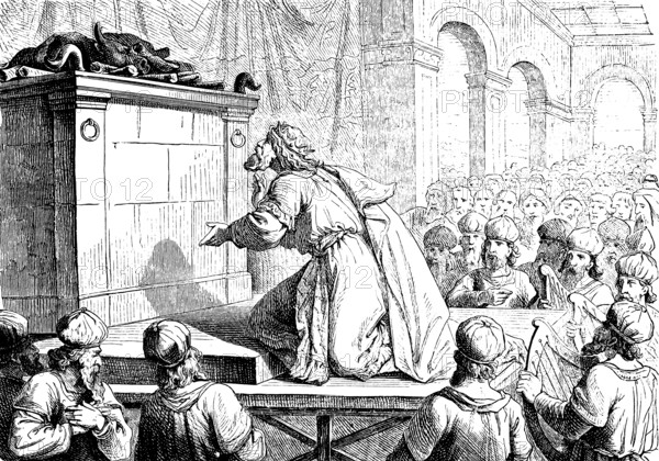 Solomon's prayer at the dedication of the temple, Second Book of Chronicles, chapter 6, temple, interior, dedication, gold, silver, treasure, eletse of Israel, chief of the tribes, children of Israel, Ark of the Covenant, Zion, King, Jerusalem, God, Old Testament, Bible, historical illustration 1877
