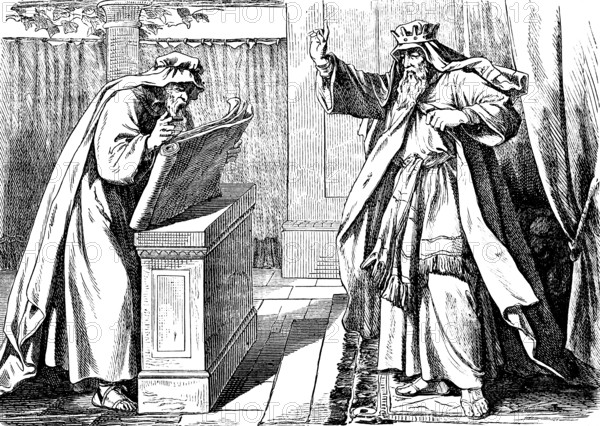 King Josiah hears the word of the Lord from the rediscovered law book, Second Book of Kings, chapter 19, room, Saphan the Scribe, Hilkia the Priest, book, scroll, God, Old Testament, Bible, historical illustration 1877