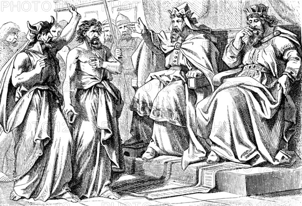 Kings Jehoshaphat and Ahab interrogate the prophets, Second Book of Chronicles, chapter 18, wealth, friends, assembly, Israel, Ramoth, member, war, throne, Micah, Syrian, Old Testament, Bible, historical illustration 1877