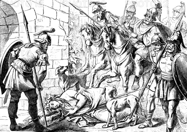 Jezebel falls down, is kicked and dies, Second Book of Kings, chapter 9, city gate, rider, soldier, king, armor, spear, shields, murder, dogs, mercilessly, field, tread, Old Testament, Bible, historical illustration 1877
