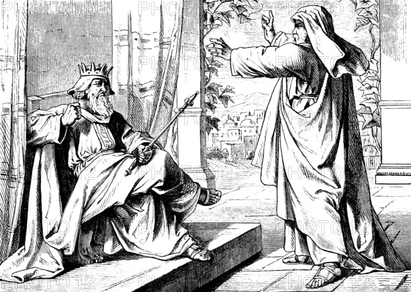 Elijah the Thisbiter announces drought, neither dew nor rain, Bach Krith, punishment, speech, judgment, First Book of Kings, chapter 17, Israel, God, Old Testament, Bible, historical illustration 1877
