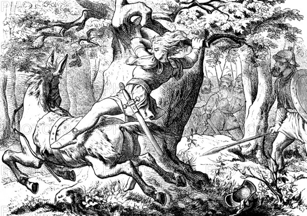Absalom's end after losing battle, battle, sword, flight, rider, oak, hair, warrior forest, entangled, Second Book of Samuel, chapter 18, Old Testament, Bible, historical illustration 1877
