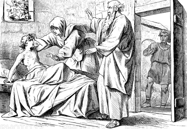 Elisa raises the son of the Sunamite from death, Second Book of Kings, chapter 4, room of boards, healing, help, bed, table, chair, boy, sleep, wake up, service, Old Testament, Bible, historical illustration 1877