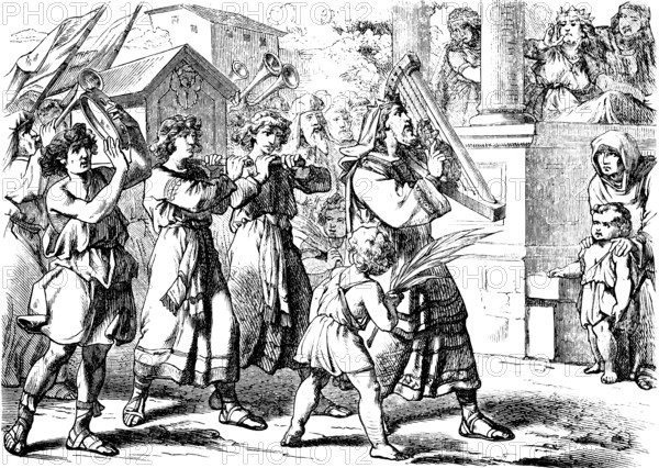 Michal's Mockery of David's Joy, Second Book of Samuel, Chapter 7, King of Israel, Enthusiasm, Band, Trombones, Sacrifice, Harp Player, Dance, Ark of the Covenant, Old Testament, Bible, Historical Illustration 1877