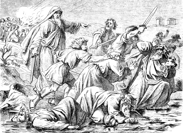 Elijah has the, Baal priest grab and kill, First Book of Kings, chapter 17, Baal, prophets, murder, sword, Old Testament, Bible, historical illustration 1877