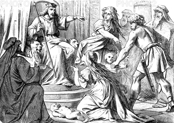 Solomon's Wise Judgment, First Book of Kings, Chapter 3, King Solomon, Throne, Group, Two Women, Two Babies, Quarrel, Sword, Child in Two, Maternal Heart, Mother, Wisdom of God, Israel, Judgment, Fear, Old Testament, Bible, Historical Illustration 1877